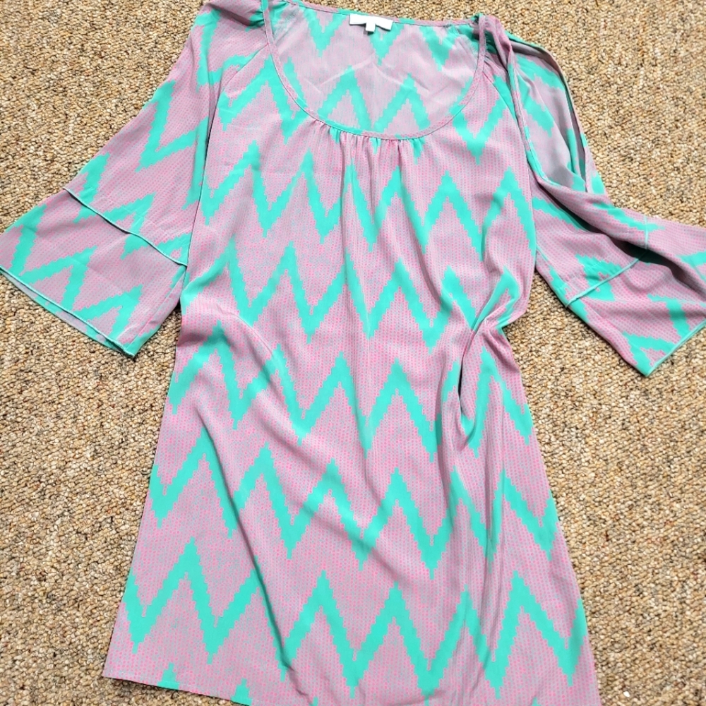 PINK and Green Chervron Tunic Babel Dress - Small Keyhole Sleeve - Western Bouti